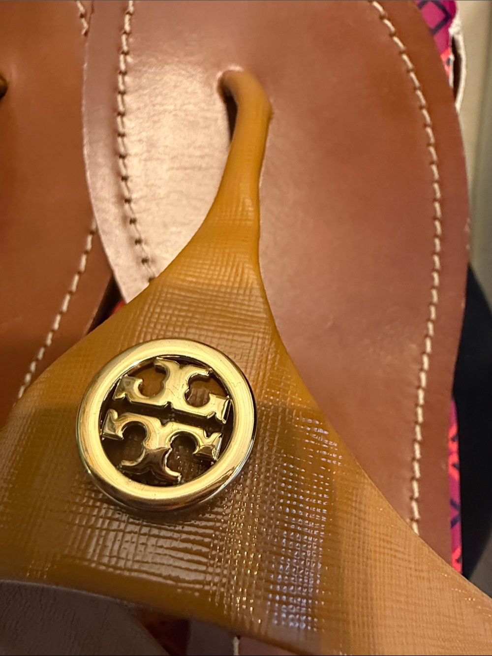 Tory Burch Cognac Leather Thong Sandals with Tan Patent Straps - Picture 4 of 5